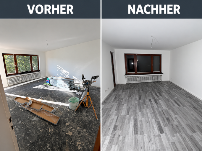 Wohnraum nach Malerarbeiten und Bodenverlegung Vorher-Nachher-Vergleich eines Wohnraums: frisch gestrichene weiße Wände und neuer grauer Boden.