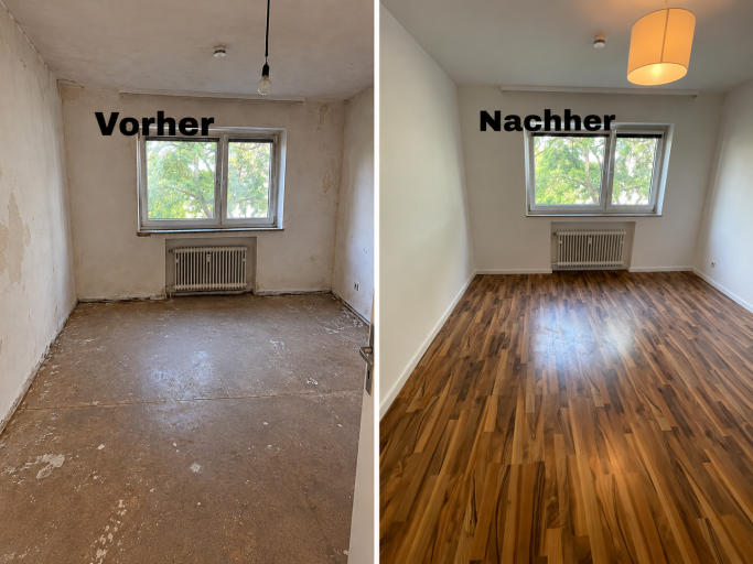 Raumrenovierung mit Boden in Holzoptik Vorher-Nachher-Vergleich eines Zimmers: renovierte weiße Wände und neuer Boden in Holzoptik.